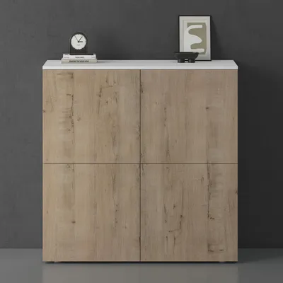 Image de doporro Buffet Commode 100cm Meuble de Rangement Blanc Mat et Chêne Grège Placard Salon Salle à Manger 4 Portes Schrank04