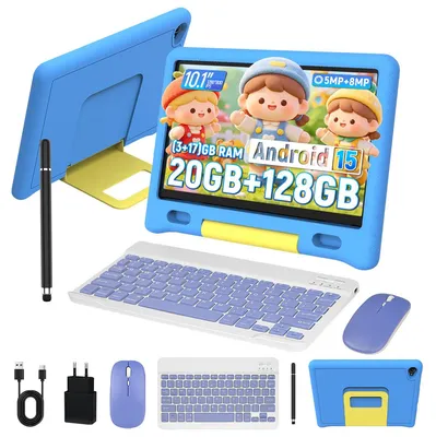 Produktbild von Kinder Tablet 10'', 128GB, 20GB RAM, Kindersicherung, Android 15, mit Tastatur, Maus, Stylus