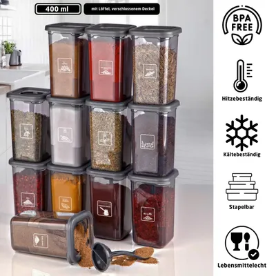 Produktbild von 12-teiliges Gewürzdosen Set 400ml mit Löffel & Deckel – Vorratsbehälter luftdicht, stapelbar, BPA-frei, Gewürzbehälter Küche Vorratsdosen Anthrazit
