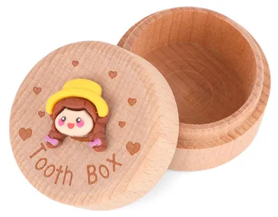 Imagen del producto de Caja para guardar dientes de leche, fabricada en madera con diseño tridimensional, de aproximadamente 10x10x5 cm, ideal para habitaciones infantiles