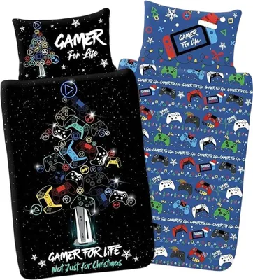 A bedding set with a gamer-themed Christmas design.