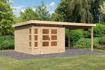 Produktbild von Karibu Gartenhaus Gerätehaus Kastorf 6 im Set mit Anbaudach 3,2 m Breite naturbelassen 565x274x222 cm