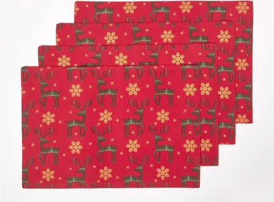Image de HOMESCAPES Set de table de Noël renne, set de 4, 100% coton, rouge, 30 x 45 cm
