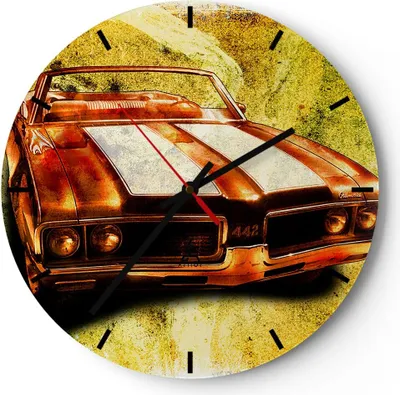 Produktbild von Wanduhr - Rund - Glasuhr - Auto Geschwindigkeit Cabriolet - 40x40cm - Schleichendes Uhrwerk - Lautlos - zum Aufhängen bereit - Dekoration Modern - Wanddekoration aus Glas - C3AR40x40-0531