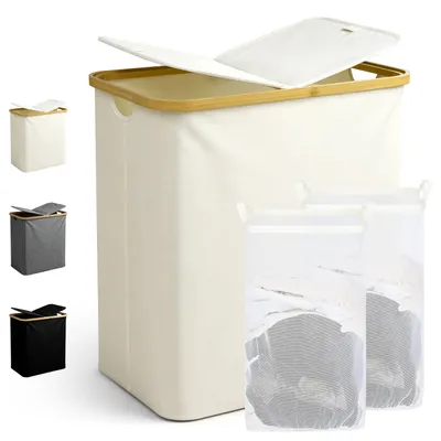 Produktbild von Ribelli Wäschekorb mit Deckel und Herausnehmbar Wäschesack, Wäschetonne Schmal für Waschküche, Bad, Schlafzimmer, 104L