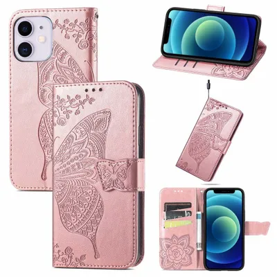 Productafbeelding van Smartphonica iPhone 12/12 Pro hoesje van kunstleer met vlinderprint - Roze goud