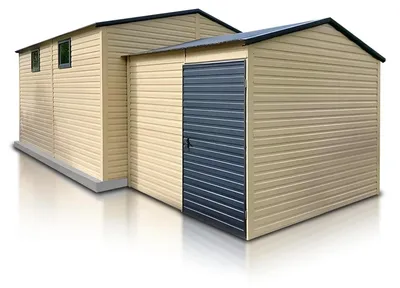 Produktbild von Fertiggarage Einzelgarage 4.5x6.5m Satteldach Doppelflügeltor Sandfarbe Plus Abstellraum
