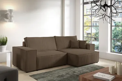 Produktbild von Ecksofa ANTONIO - MINI POSSO 255x148x70 cm; L-Form mit Schlaffunktion und Bettkästen in Dunkelbraun / Cordbezug, Schenkel / Ottomane rechts oder links