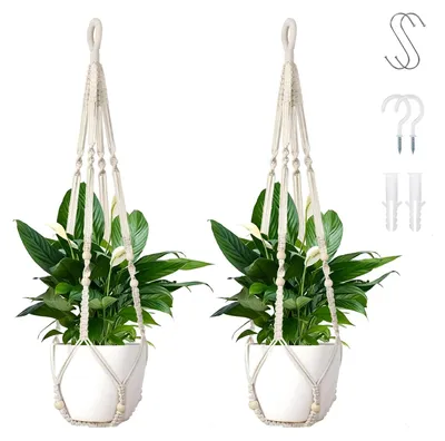 Image de Suspension macramé pot de fleurs - Lot de 2 - 90 cm - Coton - Jusqu'à Ø 23 cm
