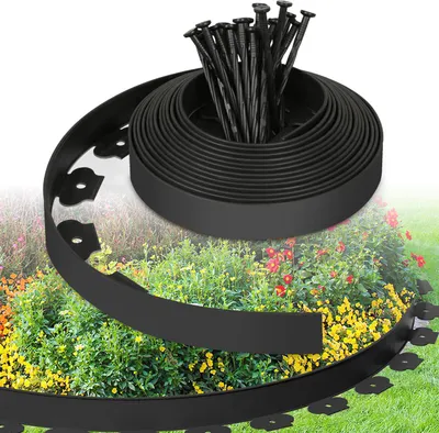 Produktbild von Faziango 50m Flexible Rasenkante aus Kunststoff zur Verankerung Beetumrandung Beeteinfassungen Schwarz mit 150 Erdanker