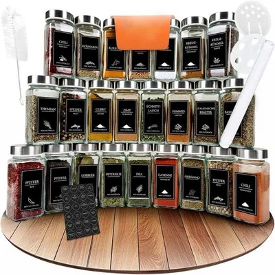 Produktbild von Famanu Gewürzbehälter Set - 25 Stück - Gewürzorganizer mit Streuer - Etiketten + Trichter - quadratisch mit Deckel - 120 ml - Metall
