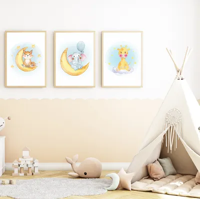 Produktbild von Fuchs Elefant Giraffe Mond 3er Set Kinderzimmer Bilder DIN A4 Wandbilder Deko Babyzimmer Poster