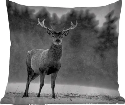 Produktbild von MuchoWow® Outdoor Kissen - Tiere - Hirsche - Winter - Schwarz - Weiß - 60x60 cm - Wetterfest - Lounge Kissen - Dekoration - Schlaf Kissen