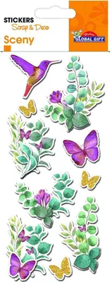 Produktbild von Aufkleber mit Glitzerrelief - Blätter und Kolibri