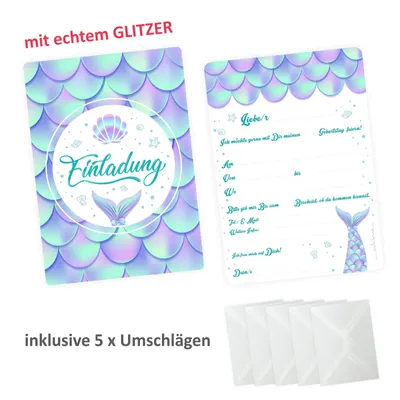 Produktbild von 5 Einladungskarten Meerjungfrau mit GLITZER inkl. 5 transparenten Briefumschlägen Kindergeburtstag Mädchen Junge Einladu