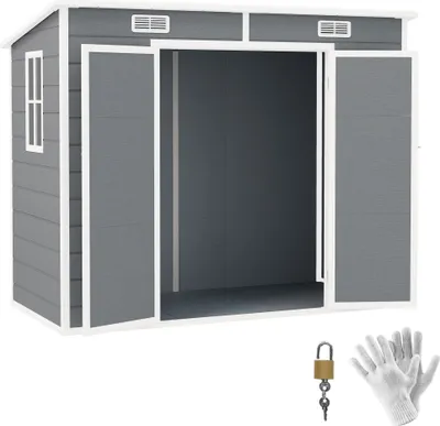 Zdjęcie produktu dla Szopa ogrodowa Outsunny 2,54 m², wodoodporna z podłogą, dach jednospadowy, 238 x 125 x 183/165 cm, domek narzędziowy z zamykanymi drzwiami, oknem, garaż na rowery, szafka ogrodowa z aluminium, do ogrodu, na podwórko, szary