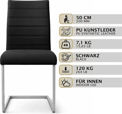 Produktbild von HAGO24 Freischwinger Schwarz Esszimmerstühle 2er Set PolyurethanKunstleder C-Gestell Metall ergonomische Rückenlehne Sitzhöhe 50cm