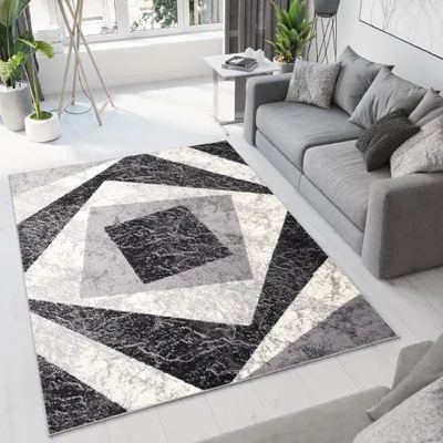 A modern living room with a gray sofa and a geometric rug.