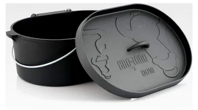 Produktbild von Dutch Oven 9,3 Liter | Gusseisen Kochtopf ohne Füße | bereits eingebrannt | 10 QT Bräter, Schmortopf, großer Gusstopf | Schwarz | Feuertopf mit Deckel | Küchen Zubehör