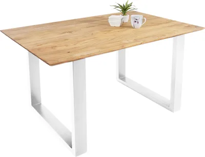 Produktbild von Esstisch 120x80cm Akazie massiv eichenfarben schweizer Kante U-Gestell weiß DEAN