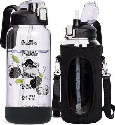 Produktbild von Famanu Trinkflasche 2 l mit Strohhalm & Zeitmarkierung - Glas