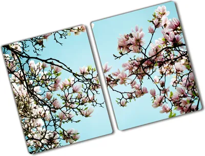 Produktbild von Tulup Glas Herdabdeckplatte - 2x40x52 cm - Glaskeramikkochfeld-Abdeckung Spritzschutz Glasabdeckplatte Kochplattenabdeckung und Schneidebrett - Zweiteilig - Blumen & Pflanzen - Magnolie Blumen - Blau