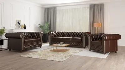 Produktbild von S-STYLE MÖBEL - Chesterfield Polstergarnitur 3+2+1 mit Schlaffunktion aus Braun veganem Leder mit Holzfüßen - Area, B/T/H: 3er - 203 cm/86 cm/72 cm