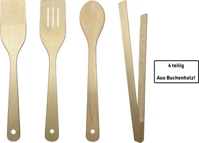 Produktbild von PINI Küchenhelferset 4 teilig inkl. Pfannenwender Kochlöffel Zange aus Buche BBQ Set Grill Set