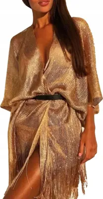 Obrázok produktu pre Letné šaty pre ženy - vzdušná tunika - plážový plášť - boho pareo - so strapcami - žlté - univerzálna veľkosť