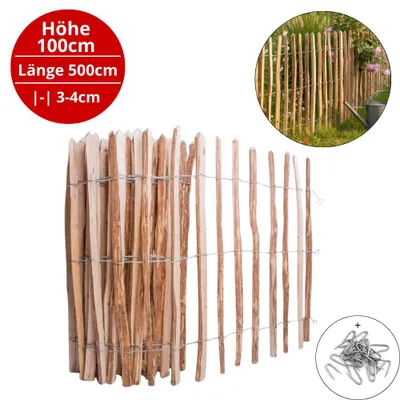 Produktbild von Staketenzaun Haselnuss 5m natur Gartenzaun Haselholz 100 cm Abstand 3–4 cm
