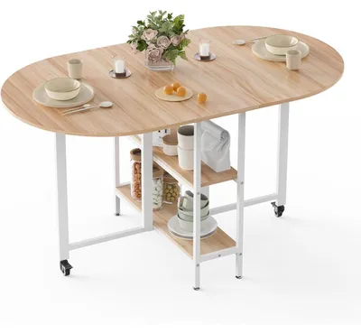 Productafbeelding van Opvouwbare eettafel met 2 opbergvakken, afgeronde randen, eikenhout en wit, 140 x 80 x 75 cm