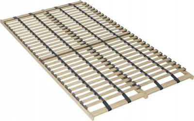 A wooden bed frame with black straps, shown from a diagonal angle against a white background.