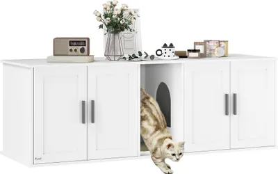 Produktbild von Sunvello Katzenklo-Schrank Katzenhaus mit Tür Trennwand Katzentoilette für große Katzen 145 x 49 x 51 cm Weiß