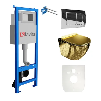 Produktbild von Lavita LAV 101 Vorwandelement für WC 40cm + Wand Hänge Tiefspül WC SOFI SLIM GOLDEN EYE Spülrandlos + Bedienplatte LAV 200.1.2 Verchromt  | Komplettset | Unterputz Spülkasten | Toilette Komplett Sett