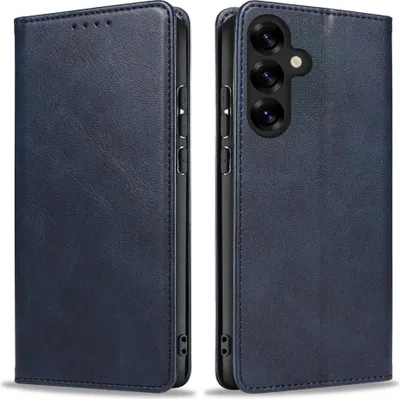 A blue flip cover phone case is shown from two angles.