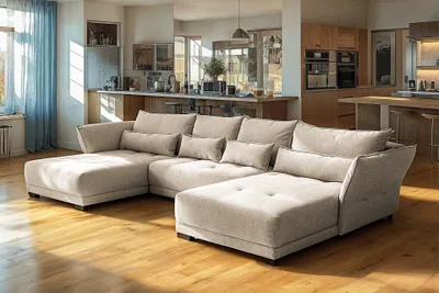 Zdjęcie produktu dla Sofa narożna Comfort Deluxe U 360x185 cm beżowa, rozkładana sofa z funkcją spania, wielofunkcyjny zestaw wypoczynkowy