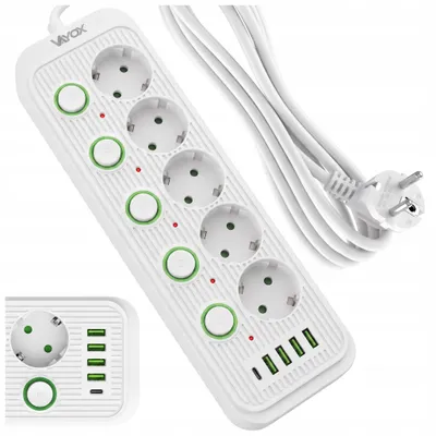 Produktbild von Vayox Steckdosenleiste 5-Fach Schuko 3m Weiß | Einzeln Schaltbar Mehrfachsteckdose 4x USB-A 1x USB-C 2.1A | 2500W Mehrfachstecker Schuko