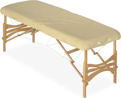 Produktbild von Ölresistenter PolyurethanBezug | mit Gummizug und drei Spanngummis | für Massageliegen Massagetische | Spannbezug, Schutzüberzug | Beige  180x60 cm