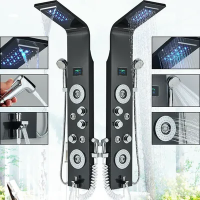 Produktbild von Linuode LED Licht Dusche Wasserhahn Badezimmer SPA Massage Jet Dusche Säulensystem Wasserfall Regen Duschpaneel Bidet Sprüharmatur (8006 schwarz C)