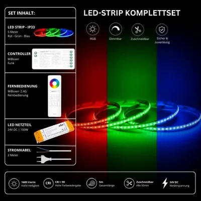 Produktbild von LED Streifen Set RGB IP33 – COB LED Streifen 24V, 14 W/m, 5m, punktfrei – SS100 Netzteil, SR5 Funk-Controller  und  C5 Fernbedienung Weiß