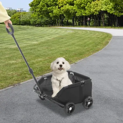 Produktbild von Hundebuggy & Katzenbuggy - 4-rädrig, klappbar - Bis 7,5 kg - 360° Schwenkräder - Teleskopgriff 53–76 cm - Ablagekorb - Leicht zu reinigen - Schwarz