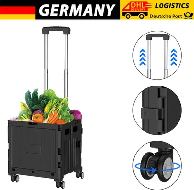 A black foldable shopping trolley filled with fresh vegetables, with additional diagrams showing its features.