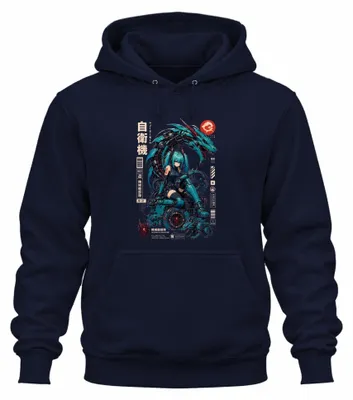 Obrázok produktu pre Mechanický drak, robot, anime, dievča, Japonsko, štýl rokov 2000, kyborg, mikina s kapucňou, tmavomodrá, veľkosť S