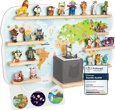 Produktbild von bunnyboo Toniebox Regal - für bis zu 45 Tonies -  2024 - Magnetisches Regal für Toniebox und Figuren - e Qualität - Für Jungen und Mädchen (Weltkarte)