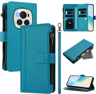 Immagine prodotto di Custodia per Honor Magic6 Pro, con cerniera, portafoglio, custodia flip in Finto cuoio con tasche per carte, supporto e passante per mani Lake blu