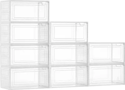 Produktbild von Schuhboxen - 9er Set Stapelbare Aufbewahrungsboxen - Magnetische Tür - Für Sneaker, High Heels & Stiefel - Bis Schuhgröße EU 47 / US 13 - Transparent/Weiß