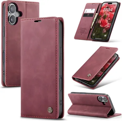 Produktbild von Hülle für iPhone 17 Retro Kunstledertasche mit Standfunktion Schutzhülle Rot