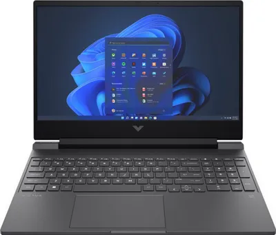 A black HP gaming laptop is shown from the front with the screen open and displaying the Windows 11 operating system.