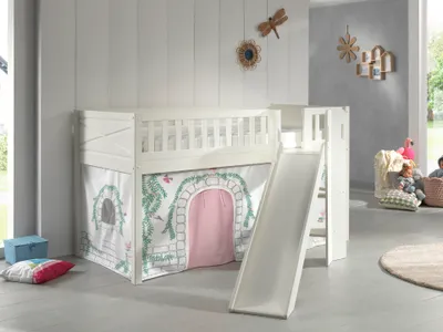 Produktbild von VIPACK - Spielbett SCOTT, LF 90 x 200 cm, mit Rolllattenrost, Rutsche, Leiter und Textilset Vorhang "Birdy"