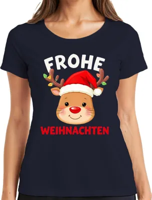 Produktbild von Frohe Weihnachten Rentier Rudolf rote Nase lustig Kinder Geschenk Damen T-Shirt, Navy, S